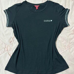 Guess black t-shirt with white logo and embroidered sleeves.